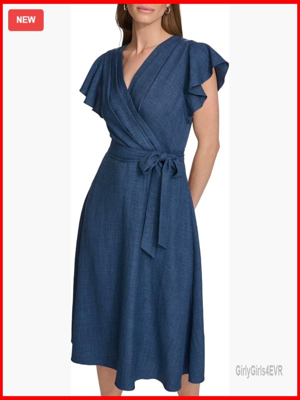 Flutter Sleeve Tie Fit & Flare Midi Dress V-Neck Zip